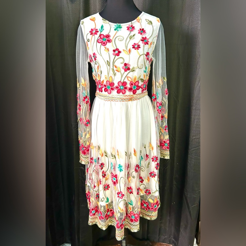 The Moon White, Multi Floral Embroidered Dress w/ Sheer Sleeves, Size S
